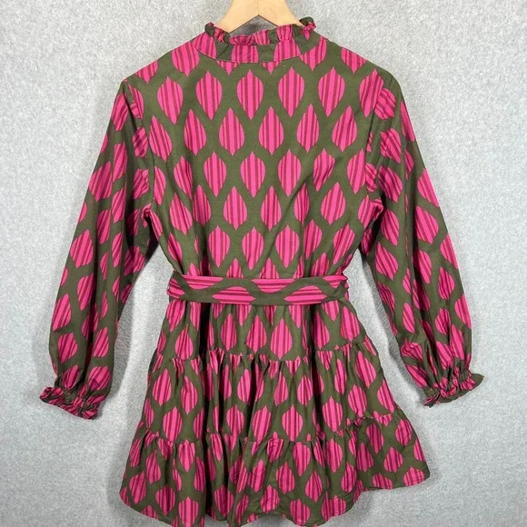 J. Marie Dress Womens Small Pink Olive Green Leaf Print Ruffle Mini Belted EUC - Picture 5 of 9